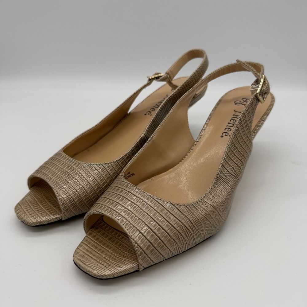 J. Renee Classie Taupe Snakeskin Slingback Peep Toe Kitten Heels 6.5M